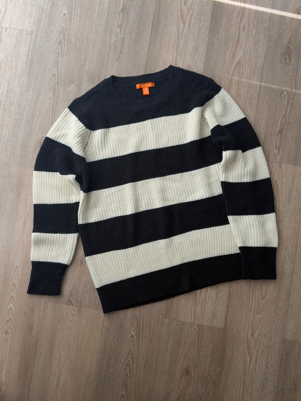 Joe Fresh Black & Cream Striped Crewneck Sweater